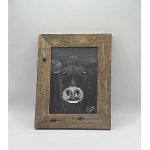 Original Cow Oil Painting Signed Irene 2022 Handcrafted Rustic Reclaimed Frame
